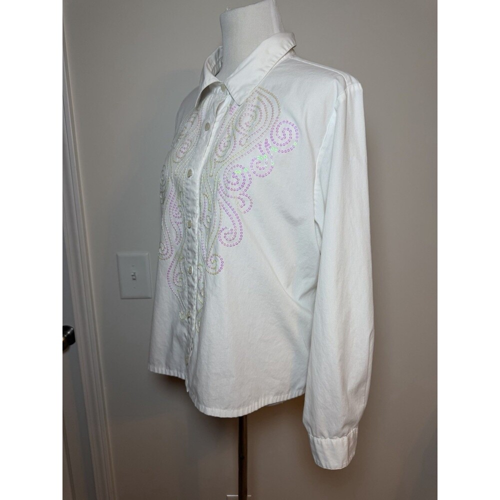 Bob Mackie Wearable Art White Button Front Shirt XL Iridescent Swirl Sequins - Picture 2 of 7